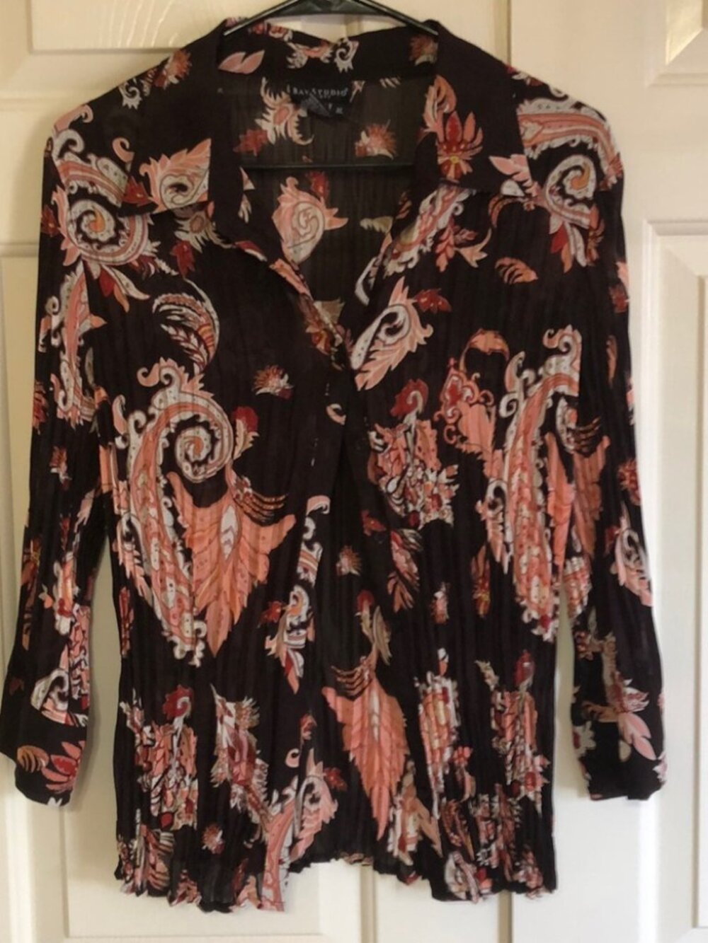 Bay Studio Brown Pink Paisley Pleated Long Sleeve Button-Down Shirt XL